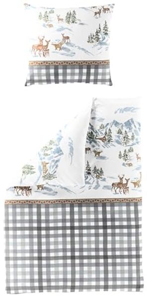 Bierbaum Biber Bettwäsche 135x200 Rehe Karo Winter Bäume grau beige 4011-10
