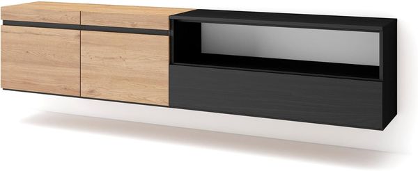 Skraut Home | TV-Schrank, Lowboard | für Wohnzimmer und Esszimmer | 200 x 45 x 35 cm | Für TV-Geräte bis zu 80" | Hängend | Moderner Stil | Eiche Schwarz