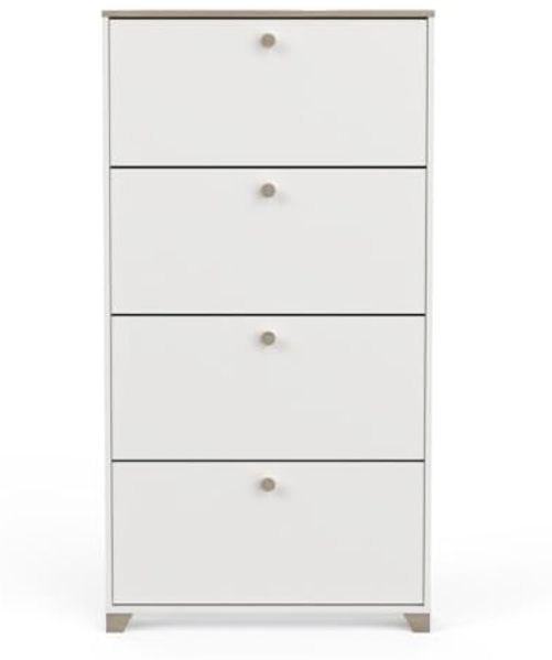 Demeyere Schuhschrank mit 4 Klappen – Dekor Eiche Kronberg und Weiß – zeitgenössischer Stil – für Eingangsbereiche – 80,8x17,8 B x T, Holzwerkstoff, braun, L 80,8 x P 17,8 x H 154,2 cm