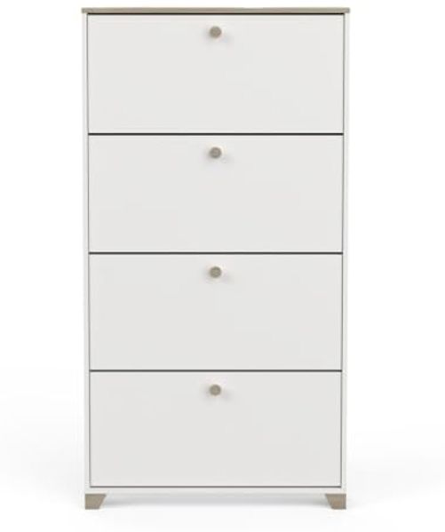 Demeyere Schuhschrank mit 4 Klappen – Dekor Eiche Kronberg und Weiß – zeitgenössischer Stil – für Eingangsbereiche – 80,8x17,8 B x T, Holzwerkstoff, braun, L 80,8 x P 17,8 x H 154,2 cm