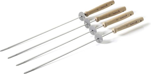 Barbecook Wiederverwendbare Grillspieße, Set mit 4 Spießen, Grillzubehör aus Edelstahl und Holz, 46cm, Grau-beige