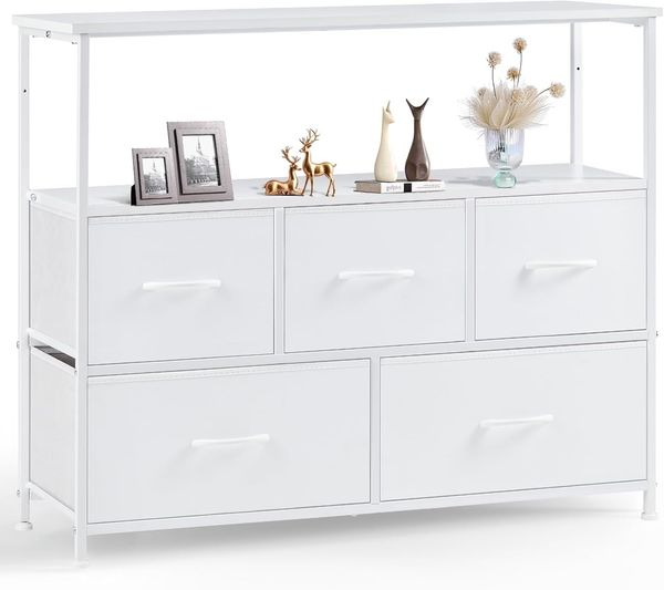 Sweetcrispy Kommode,TV Schrank Stand für Schlafzimmer mit 5 Stoffschubladen,Sideboard Wohnzimmer für 115cm TV,Einstellbare Füße Schubladenschrank,Komodenschrank für Schlafzimmer,Modernes Weiß