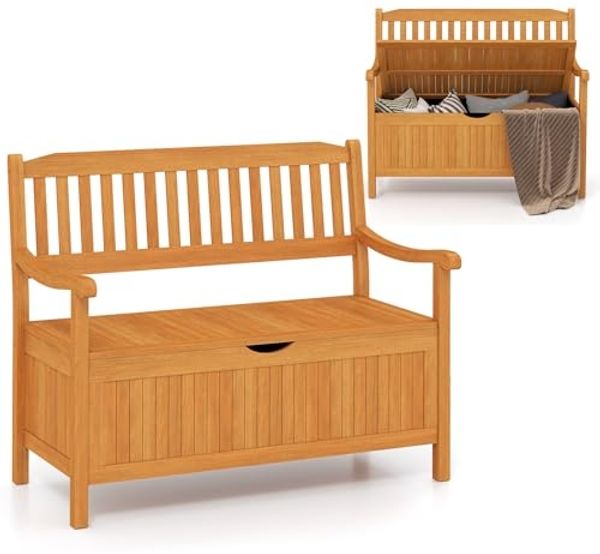 COSTWAY Gartenbank Holz mit Stauraum, Holzbank für 2-Sitzer bis 360kg belastbar, Balkonbank mit abnehmbarem Innensack, Sitzbank für Garten, Balkon, Terrasse, Teak