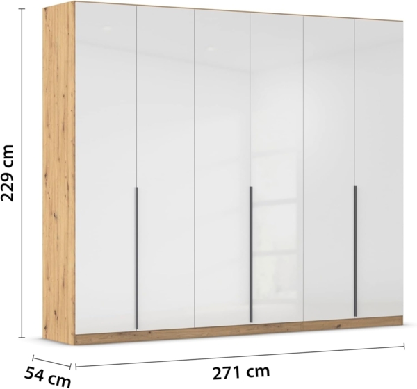 Rauch Möbel Alabama, Kleiderschrank, Garderobenschrank, 6-türig, Zubehör Basic, 3 Kleiderstangen, 6 Einlegeböden, Farbe Hochglanz Weiß/Eiche Artisan, Holz, Griff Grau metallic, 271 x 229 x 54 cm Bild 3