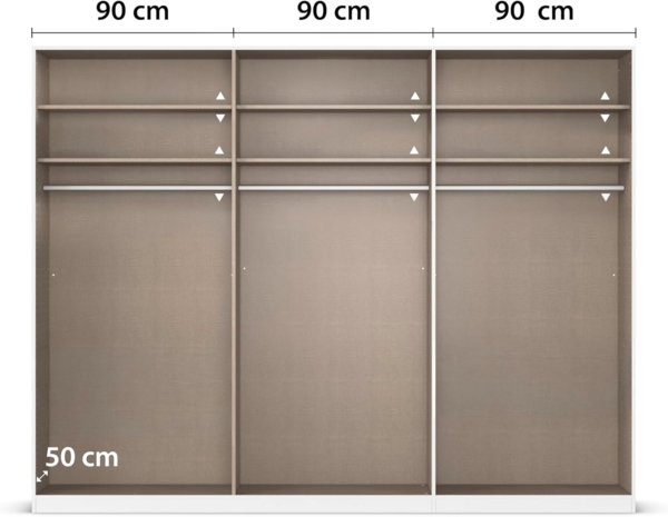 Rauch Möbel Alabama, Kleiderschrank, Garderobenschrank, 6-türig, Zubehör Basic, 3 Kleiderstangen, 6 Einlegeböden, Farbe Hochglanz Weiß/Eiche Artisan, Holz, Griff Grau metallic, 271 x 229 x 54 cm Bild 7