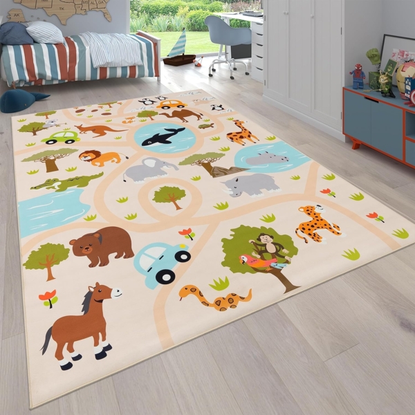 Paco Home Kinderteppich Bino 580, rund, Höhe: 4 mm, Spielteppich, Motiv Straße & Autos, Kinderzimmer