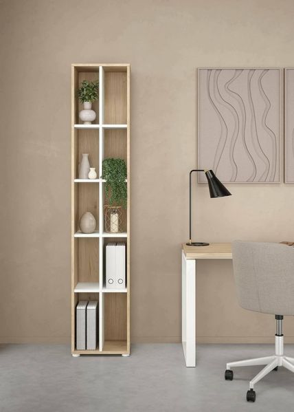 Dmora - Bücherregal Sophie, Büroregal, Mobiler Buchhalter, Bücherbrett, 41x34 h205 cm, Eiche und Weiß