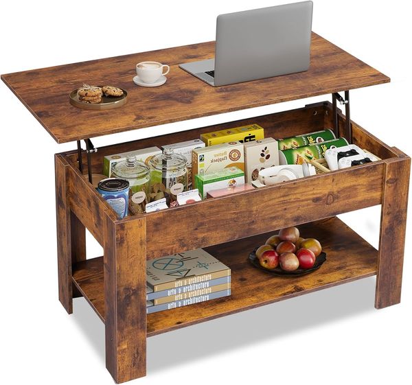 WLIVE Höhenverstellbarer Couchtisch mit Ablage, Wohnzimmertisch Rechteckig mit Offener und versteckter Stauraum, Kaffeetisch für Wohnzimmer, Schlafzimmer (Industriell, Rustikales Braun)