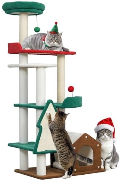 PawHut Kratzbaum in Weihnachtsfarben, 135 cm mit 6 Ebenen, Katzenhöhle, Spielball, für 1-2 Katzen bis 5 kg, Mehrfarbig