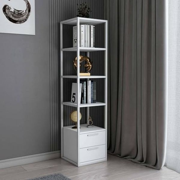 Dmora - Bücherregal Artemis, Büroregal, Mobiler Buchhalter, Bücherbrett, 39x39h169 cm, Weiß