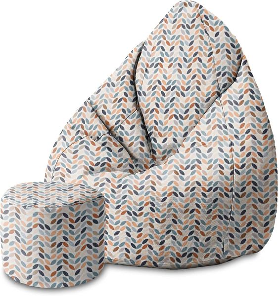 DreamRoots Bean Bag 80 x 80 x 120 cm - Sitzsack mit Lehne und Hocker und Bezug - mit Füllung, Retro White Leafs