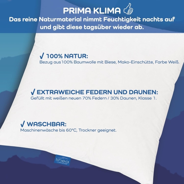 Böhmerwald Komfort Kopfkissen, 70% Federn / 30 % Daunen, Füllgewicht: 1.000 g, Stützkomfort: normal, 80x80 cm, Weiß, 1 Stück (1er Pack) Bild 4