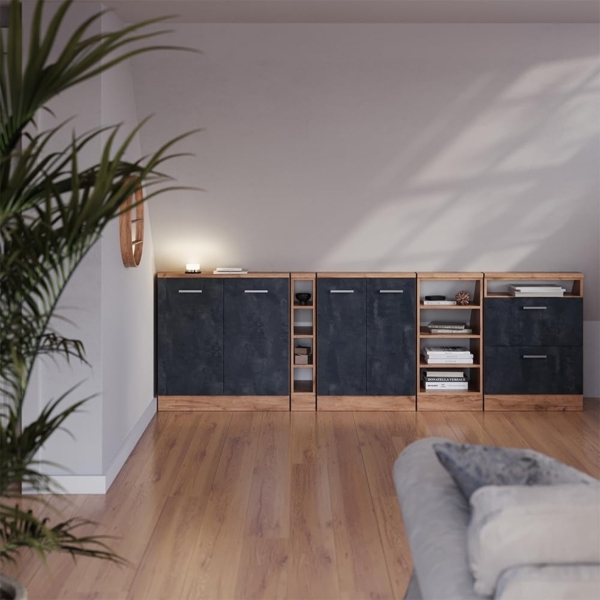 Dachschrägenschrank-Set Rion Schwarz Beton/Goldkraft Eiche 2er Set Vicco Bild 7