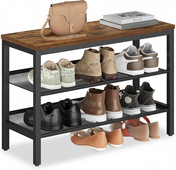 VASAGLE Schuhbank mit 3 Ebenen, Schuhregal, Schuhablage, einteiliges Design, mit erhöhten Kanten, Industrie-Stil, einfache Montage, 28 x 75 x 50 cm, vintagebraun-tintenschwarz LSB070KD02
