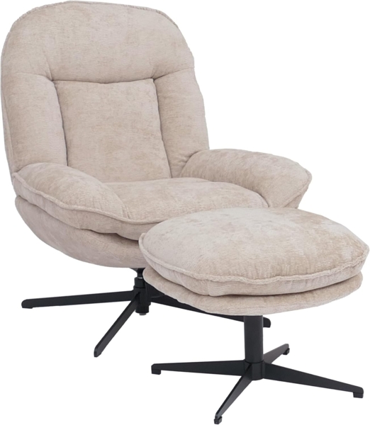 Relaxsessel mit Hocker HWC-P32, Fernsehsessel Nosagfederung, drehbar Metall Stoff/Textil Chenille (370 g/m²) ~ creme