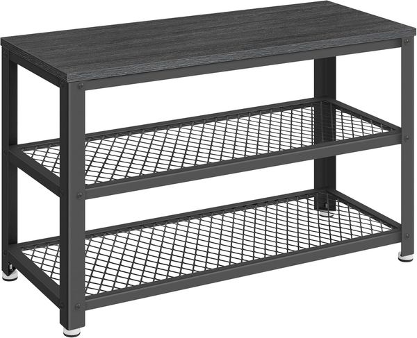 VASAGLE Schuhbank, Schuhregal mit 2 Gitterablagen, Aufbewahrung für Schuhe, 30 x 73 x 45 cm, für Eingangsbereich, Flur, Wohnzimmer, Metallgestell, Industrie-Design, ebenholzschwarz-schwarz LBS073B06