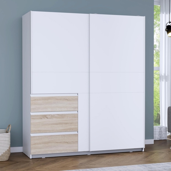 Forte Winn 2 Kleiderschrank 170, moderner Schwebetürenschrank, 2-türig, 3 Schubladen, Schlafzimmer, Sonoma Eiche Holzdekor|Weiß, 170,3 cm breit x 200,5 cm hoch x 61,2 cm tief