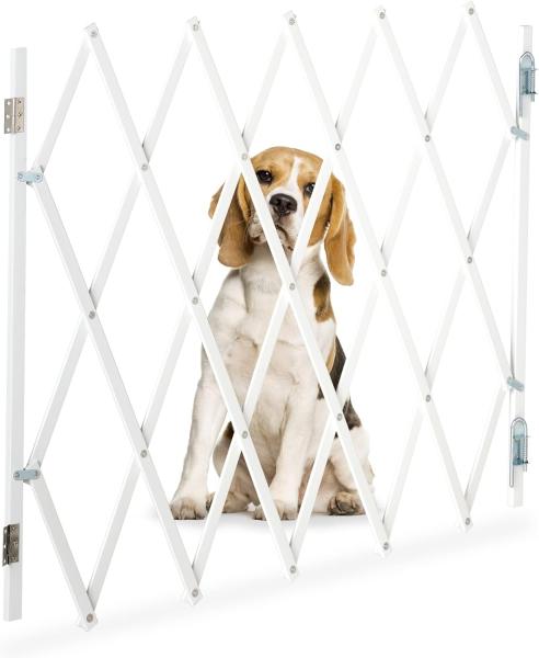 Relaxdays Hundegitter, ausziehbar bis 118 cm, 69-82,5 cm hoch, Hunde Schutzgitter für Treppe & Tür, weiß