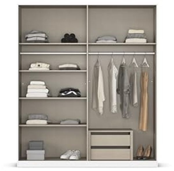 Rauch Möbel Alabama, Kleiderschrank, Garderobe, 4-türig, Zubehör Premium, 2 Kleiderstangen, 7 Einlegeböden, Schubladeneinsatz, Farbe Hochglanz Weiß/Eiche Artisan, Griff Grau metallic, 181 x 229 x 54 cm Bild 6