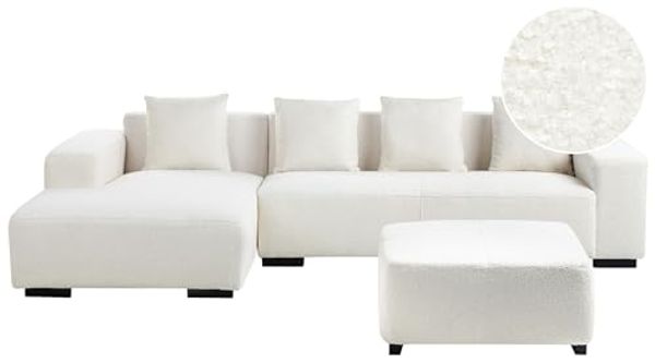 Ecksofa 4-Sitzer LUNGO Bouclé Weiß mit Ottomane rechtsseitig