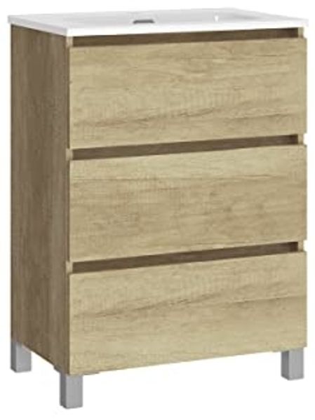 Baikal Badmöbel-Set LESI bestehend aus Möbel mit Füßen und Keramikwaschbecken, DREI Schubladen, Melamin 16 mm, montiertes Möbelstück, Tiefe 39 cm, 60 cm Nature