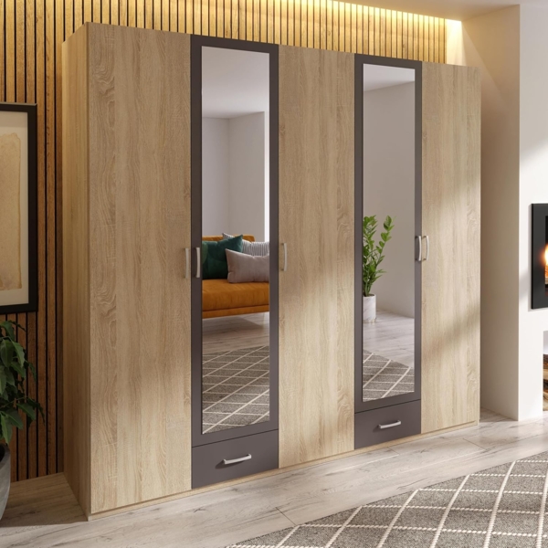 Forte Gemstone Kleiderschrank 220 230, moderner Kleiderschrank mit Spiegelfront, 5-türig, 2 Schubladen, Schlafzimmer, Sonoma Eiche|Uni Wolfram Grau, 225 cm breit x 210,5 cm hoch x 54,5 cm tief