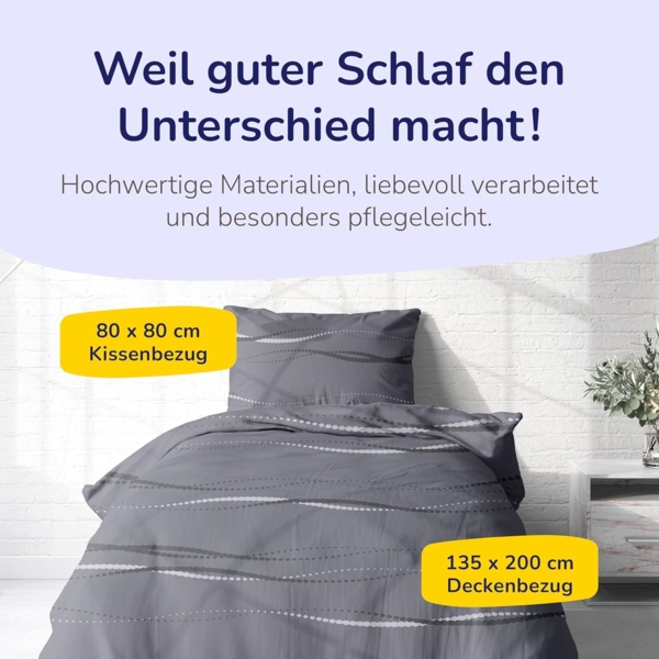 Träumschön Bettwäsche Biber 135x200 oder 155x220 cm, Muster Welle anthrazit, Biber, 2 teilig, mit Reißverschluss, 100% Baumwolle, kuschelig warm im Winter Bild 3