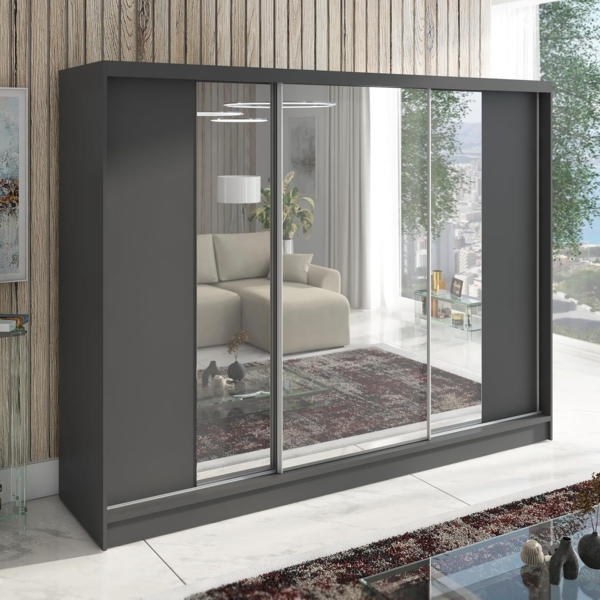 Schwebetürenschrank VENA 3-türig Schrank 200 cm (mit Spiegel) Farbe: Graphit