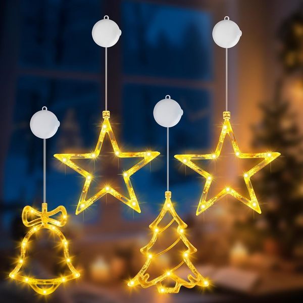 OUILA 4er Set LED Weihnachtsdeko Fenster, Stern + Weihnachtsbaum + Glocke Weihnachtsstern Fenster Batterie und Timer Saugnapf Lichterkette für Fensterbeleuchtung Weihnachten Innen Weihnachtsgeschenke