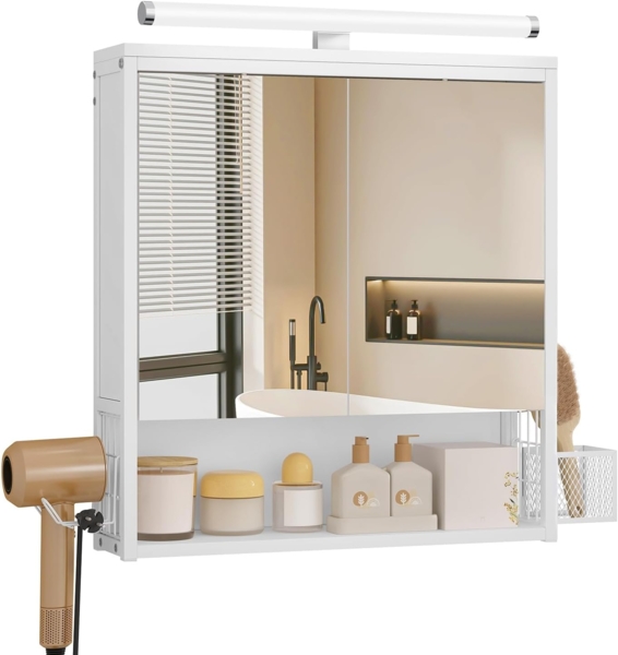 EUGAD Badezimmerschrank mit LED-Beleuchtung, Badezimmerschrank mit Spiegel, Badschrank hängend, mit Verstellbarer Ablage, Halter Korb, Metall MDF, Weiß, 56 x 13,5 x 65 cm