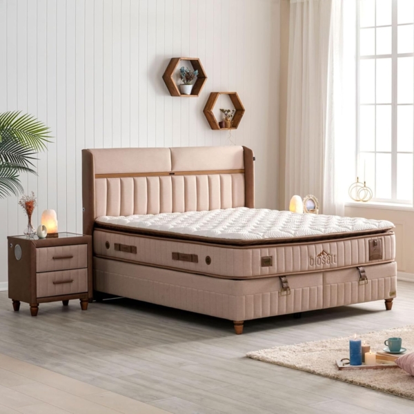 BAMBI YATAK Boxspringbett Set, Bambi Biosalt, Kopfteil mit USB-Port LED, Matratze mit Topper, H3 (1 x H3 Mittelfest Matratze, 2 x Bettkasten, 1 x Bettkopfteil), Steinsalztherapie, Hyper-Schaum, Taschenfederkern, Matratzenhöhe: 33cm