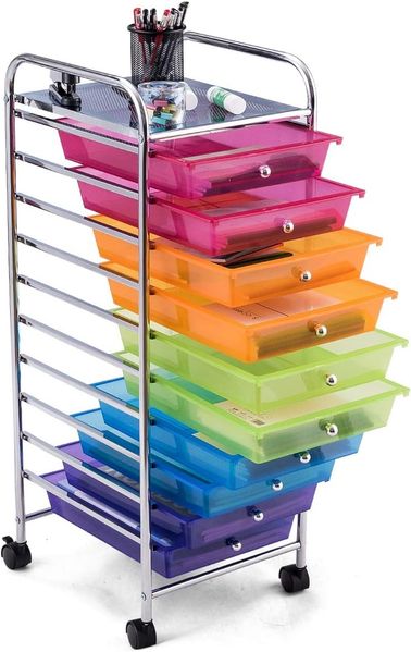 DREAMADE Rollwagen Schublade, Rollschrank Rollcontainer mit Schublade 10 Fächern, Haushaltswagen auf Roll, Badtrolley, Farbewahl, Metall, PP (Farbig)