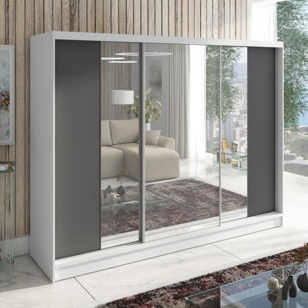 Schwebetürenschrank VENA 3-türig Schrank 200 cm (mit Spiegel) Farbe: Weiß , Graphit