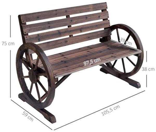 Outsunny Gartenbank 2-Sitzer Sitzbank Parkbank Holzbank Wagenrad mit Armlehne Landhausstil Tannenholz Braun 105,5 x 56 x 75 cm - braun Bild 3