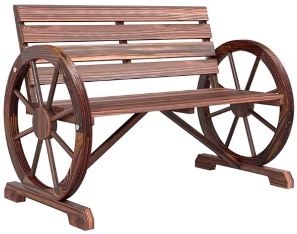 Outsunny Gartenbank 2-Sitzer Sitzbank Parkbank Holzbank Wagenrad mit Armlehne Landhausstil Tannenholz Braun 105,5 x 56 x 75 cm - braun