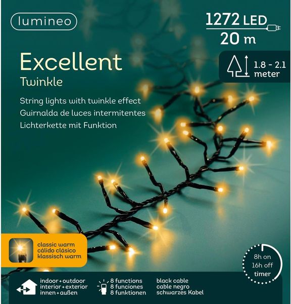 Lumineo LED-Lichterkette Lumineo Lichterkette EXCELLENT TWINKLE 1272 LED 20 m klassisch warm, Indoor/Outdoor, 8 Effekte, 8h-Timer, + 5 Meter Zuleitung