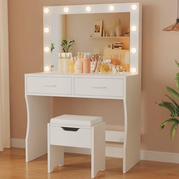 JUMMICO Schminktisch mit Spiegel, LED Beleuchtung, einstellbare Helligkeit und Farbtemperatur, Weiß, 90x40 cm