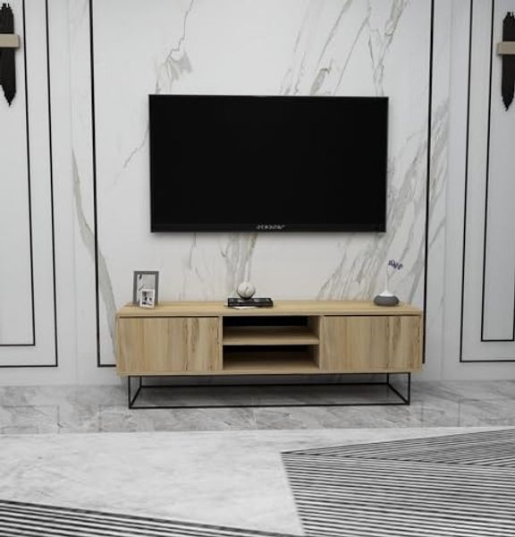 Hanah Home Industrial TV Stand with Iron Legs, 140 cm | 100% Melamine Coated Particle Board, 18 mm Thick | 2 Drawers, Multiple Shelves, Felt & Black Finish