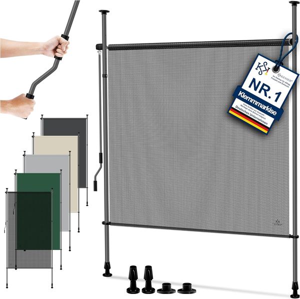 KESSER® Klemmmarkise Senkrechtmarkise außen Ausziehbar & Blickdicht | Vertikalmarkise mit Handkurbel ohne Bohren | Balkon-Sichtschutz & Windschutz für Garten & Terrasse Wasserfest 120 x 310 cm, Transparent / Anthrazit