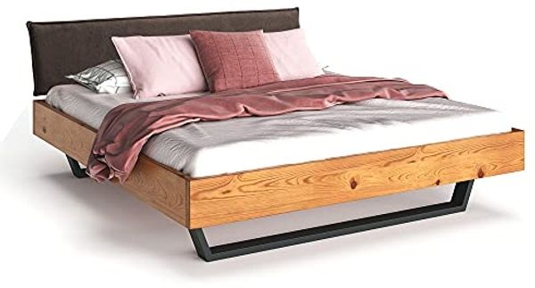 Möbel-Eins CURBY Kufenbett mit Polster-Kopfteil, Material Massivholz, rustikale Altholzoptik, Fichte, Kufen schwarz natur 180x200 cm Stoff Braun ohne Steppung