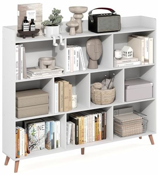 Furinno Claude 10-Würfel Bücherregal im Mid-Century-Stil, Bücherregal, Stauraum-Organizer mit Holzbeinen, für Wohnzimmer, Schlafzimmer, Homeoffice, Weiß