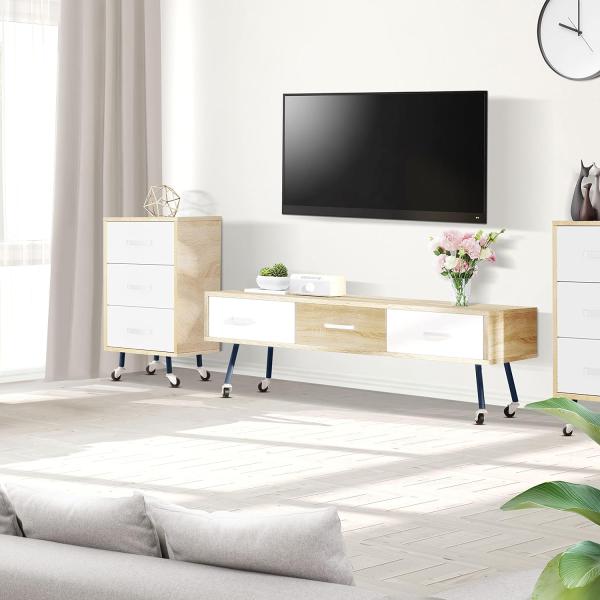 Ribelli TV-Schrank mit Rollen, Lowboard für Fernseher bis zu 43 Zoll, Fernsehtisch mit 3 Schubladen, Couchtisch aus Spanplatte, Stahlgestell, ca. 40 x 147 x 50 cm