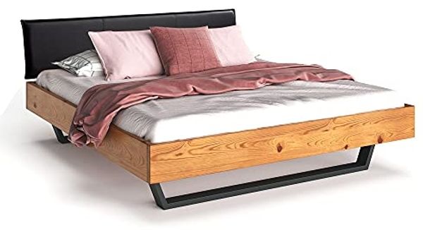 Möbel-Eins CURBY Kufenbett mit Polster-Kopfteil, Material Massivholz, rustikale Altholzoptik, Fichte, Kufen schwarz natur 160x220 cm Kunstleder Schwarz ohne Steppung