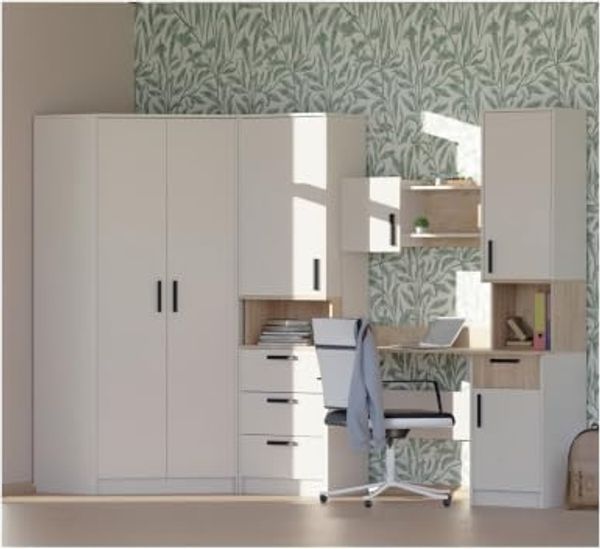 Marmex Möbel Grant Set-28C Jugendzimmer Komplett-Set 4-teilig mit Eckkleiderschrank, Standregal, Schreibtisch mit Aufsatz, Kinderzimmermöbel mit Schreibtisch, laminierte Spanplatte, graubeige cashmere+cremona torro 268/91x195x52,5cm