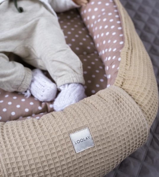 PUNKTE Braun/TAUPE Waffelpique Bio-Baumwolle Babynest Neugeborene Baby Unterlage Reisebett Nestchen SOLO/o. in PREMIUM Ausstattung SETS (Nestchen SOLO)