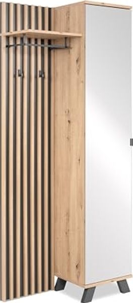 Finori Medan 42A Kompaktgarderobe, Dekor Artisan Oak / anthrazit | Kompaktgarderobe für Flur | Maß: B x H x T ca. 80x 190 x 37 cm | Kompaktgarderobe mit Spiegeltür, Hutablage, Kleiderstange und 2 Haken