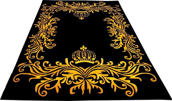 Pompöös by Casa Padrino Luxus Teppich von Harald Glööckler 200 x 290 cm Krone Schwarz / Gold - Barock Design Teppich - Handgewebt aus Wolle