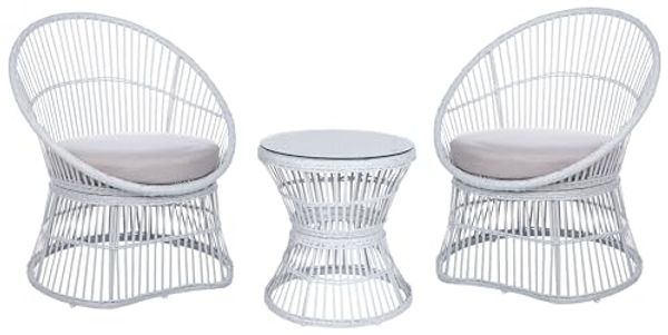 Beliani 'Mesyna' Bistro Set mit Kissen, Rattan Weiß, 42 x 42 x 46 cm