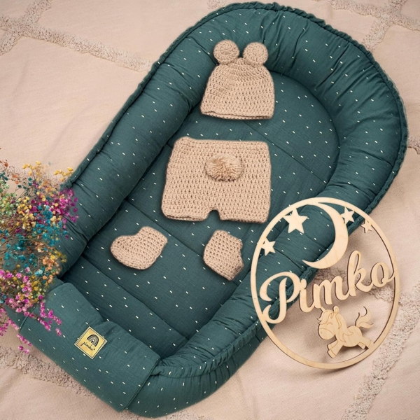 PIMKO Babynest Babynestchen für Baby Kuschelnest Babykokon für Säuglinge und Neugeborene Nestchen 60x90 cm 100% Baumwolle Musselin - (Moss Gold) Bild 7