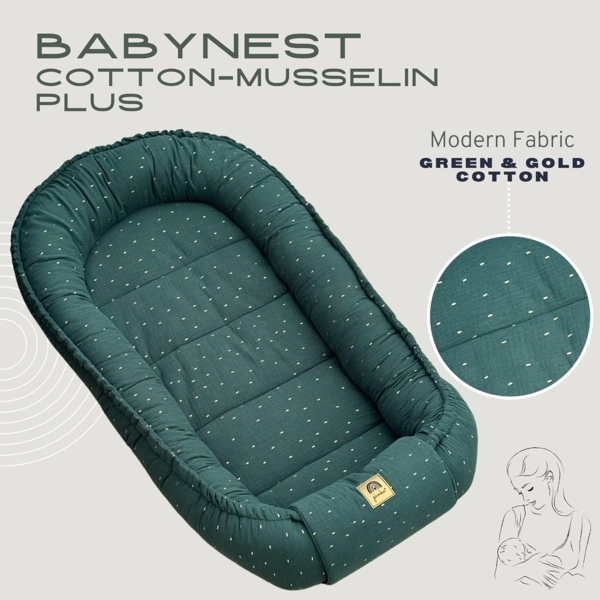 PIMKO Babynest Babynestchen für Baby Kuschelnest Babykokon für Säuglinge und Neugeborene Nestchen 60x90 cm 100% Baumwolle Musselin - (Moss Gold) Bild 6